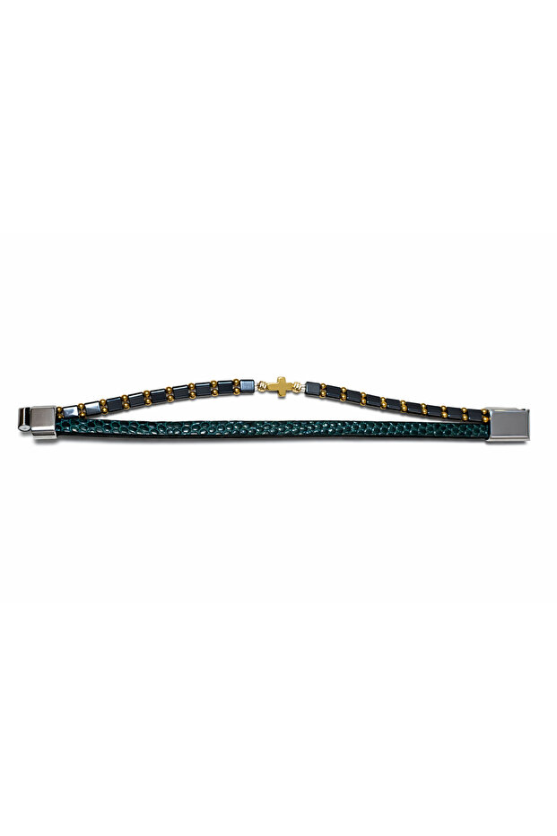 Double python Leather bracelet with blue hematite and cruciformite - 4