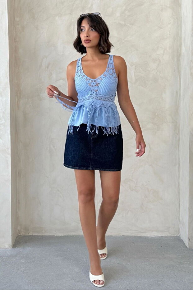 Lace Detailed Strappy Blouse - Blue | D2892