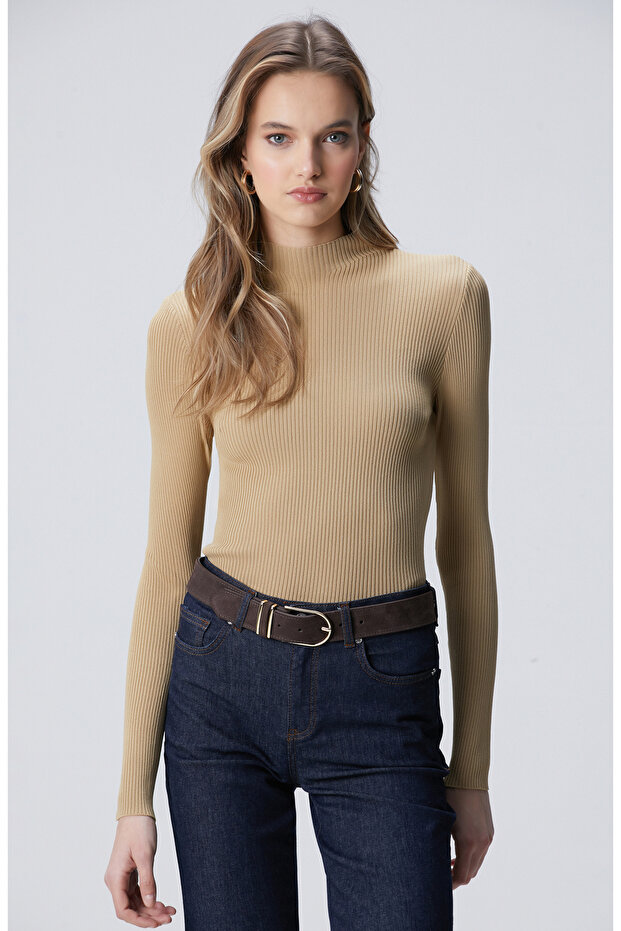 Camel İnce Ribana Örgü Dik Yaka Rayon Basic Kazak - 1