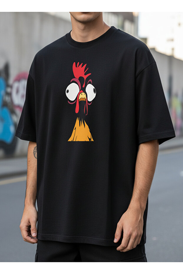 Unisex Black Chicken Pattern Cotton T-Shirt with Funny Cartoon Print