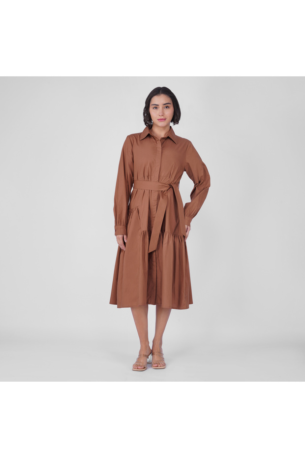 Brown Cotton Poplin Tiered Midi Shirt Dress