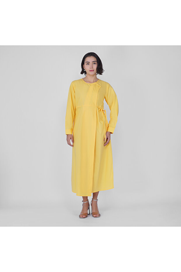 Yellow Cotton Poplin Wrap-Style Midi Dress