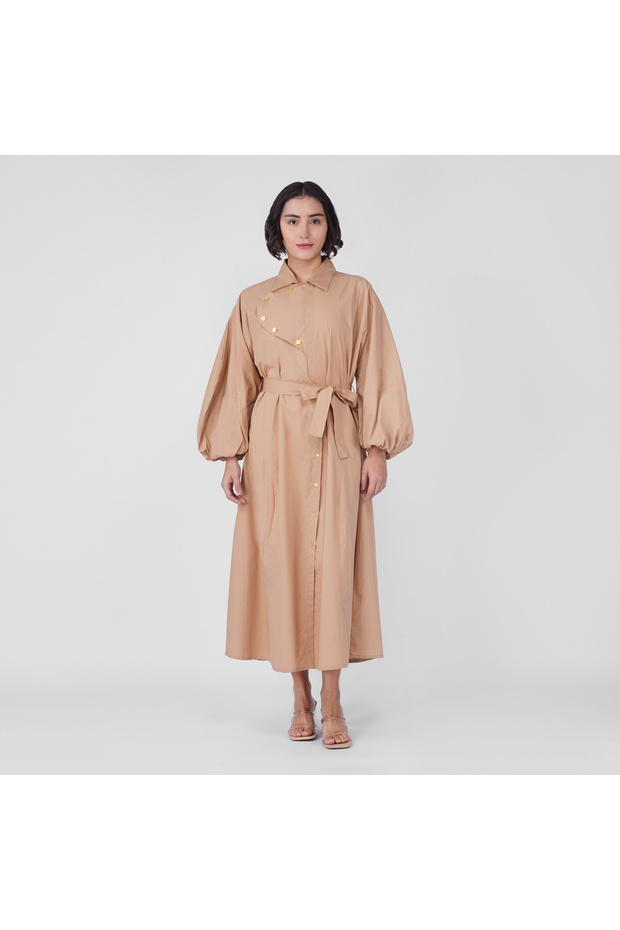 Brown Cotton Poplin Full-Length Dress