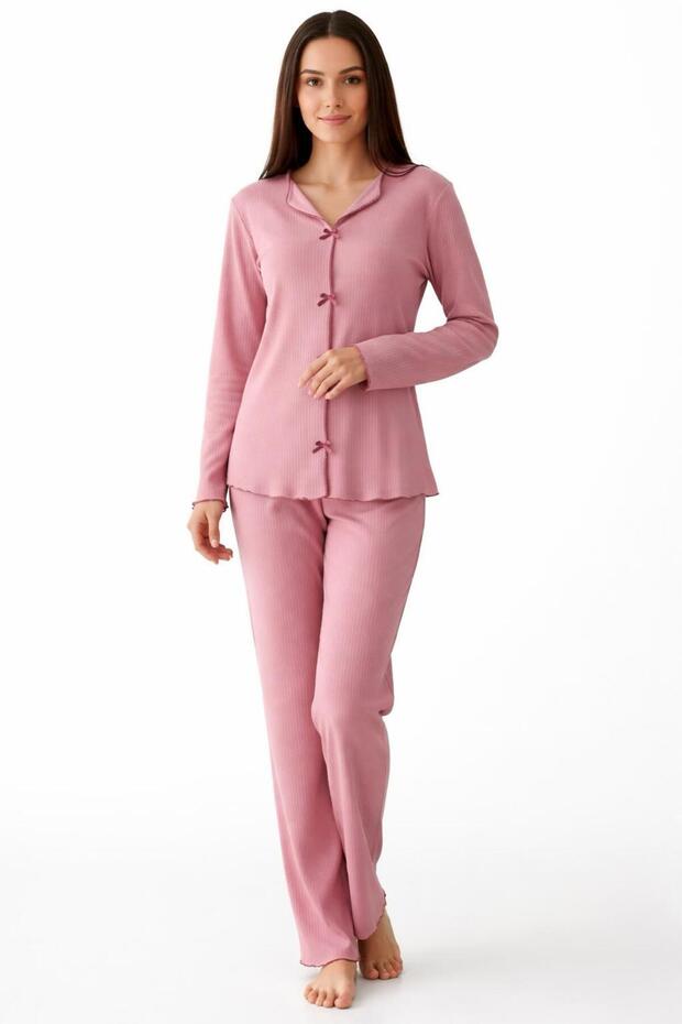 Ribbed Soft Cotton Women's Pajama Set with Bow Detail Long Sleeves