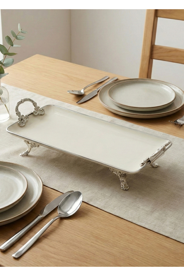 Pisa Metal 4-Legged with Handle, Silver Detailed Porcelain 33*15cm