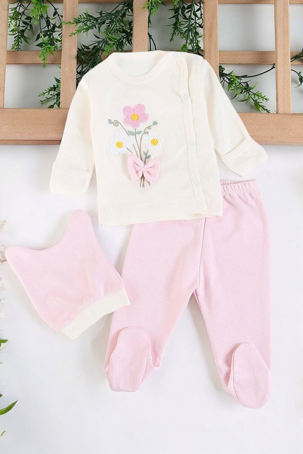 Baby Girl 100% Cotton Floral Embroidered 3-Piece Bodysuit Set with Hat and Gloves