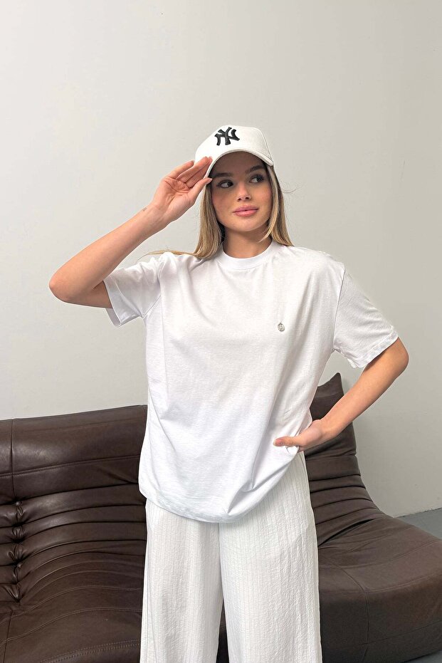 Women's Silver Accessory Detailed 100% Cotton T-Shirt White - 26Y 26510