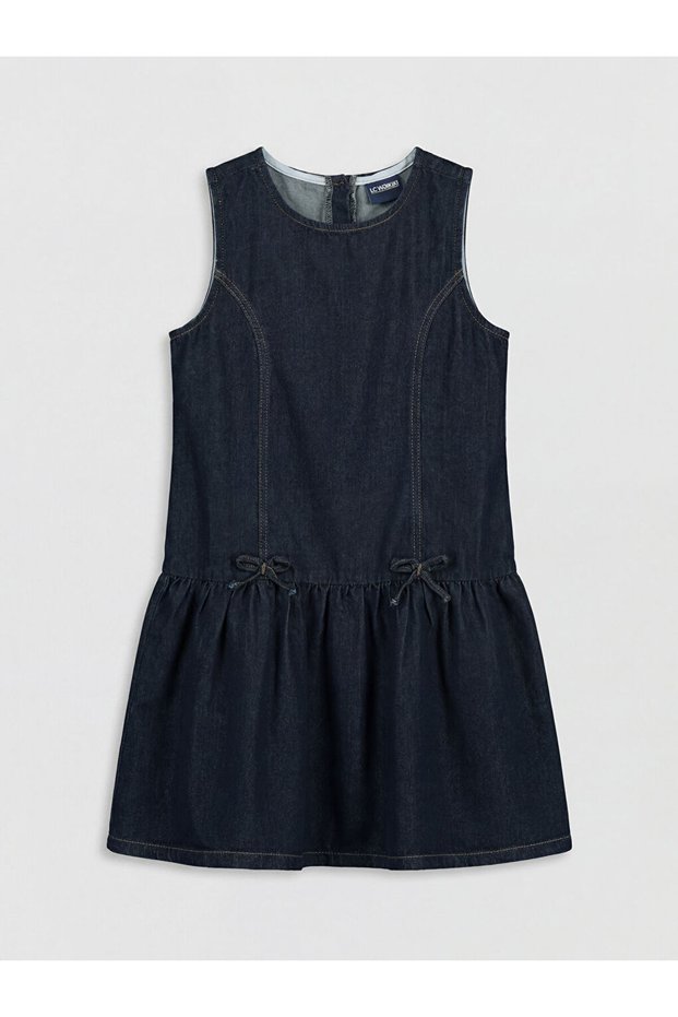 Indigo Bow Detailed Girls' Denim Dress