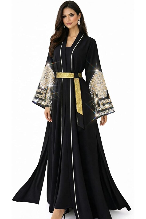 Women’s Elegant Abaya with Luxury Embroidery and Waist Belt – Flowing Design