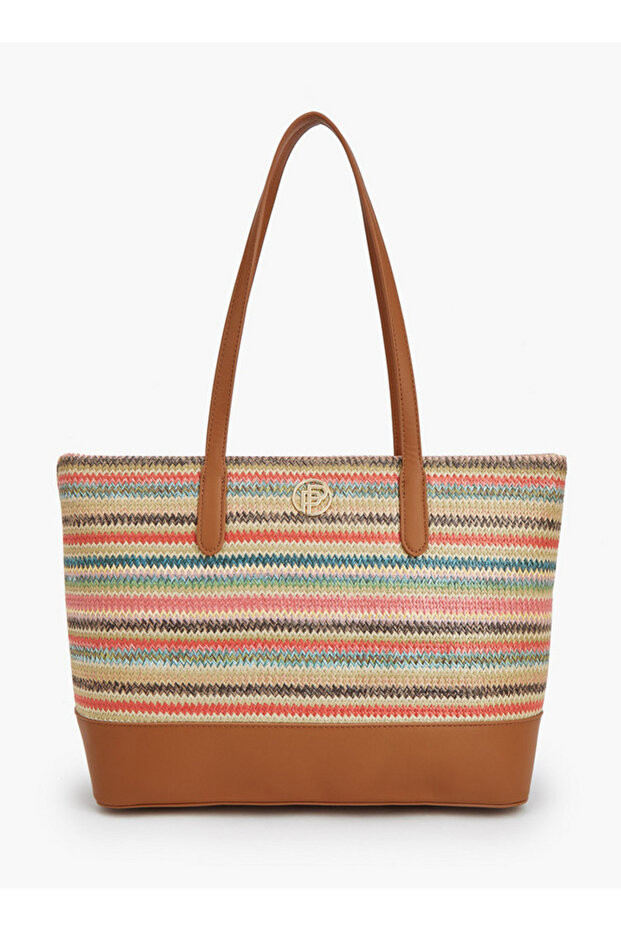 Striped Tote Bag with Zip Closure - 1