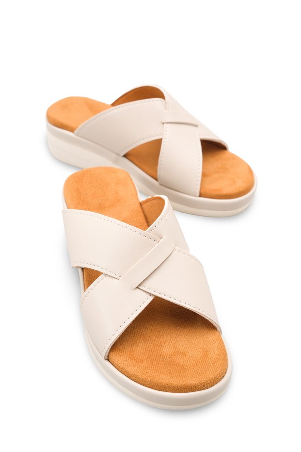 Women's Beige Cross-Strapped Orthopedic Soft Sole Anatomical Comfortable Daily Slippers