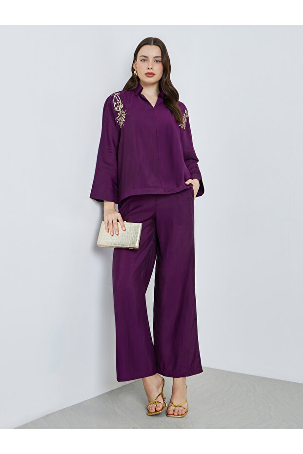 Purple Sequin Detail Top and Pants Co-Ords
