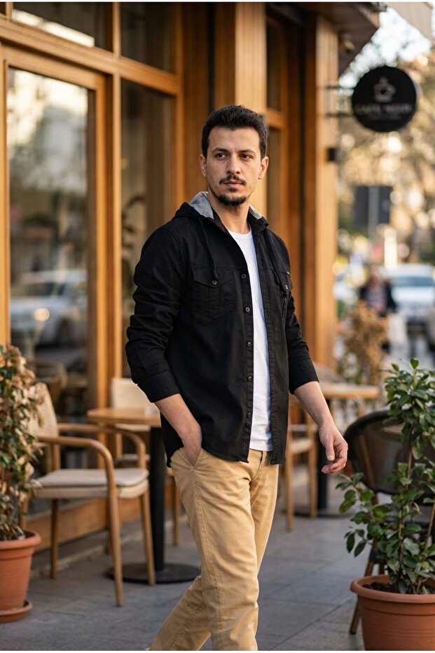 Erkek Kapüşonlu Kot Gömlek - 2