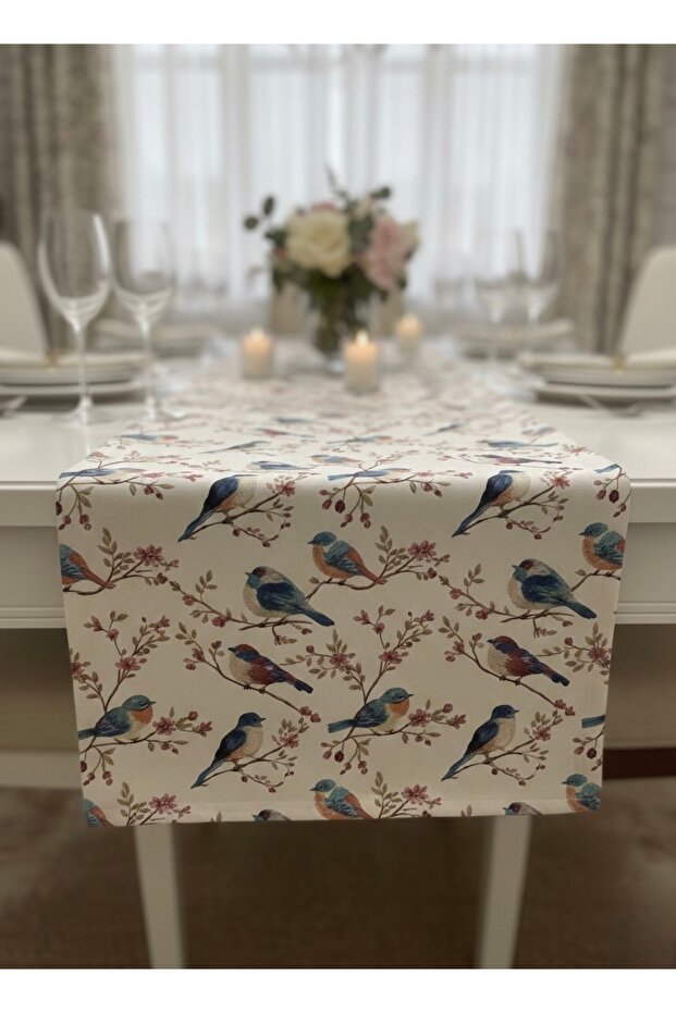مفرش طاولة مقاوم للبقع بطباعة رقمية بنمط الطيور مقاس 40 × 140 - 3