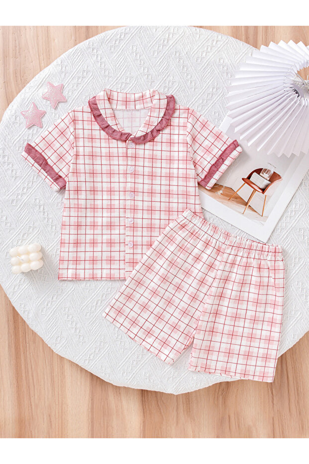 Girls Pink Checked Cotton Top and Shorts Pyjama Set