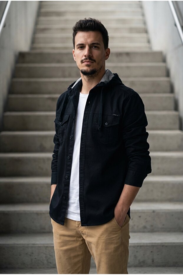 Erkek Kapüşonlu Kot Gömlek - 3