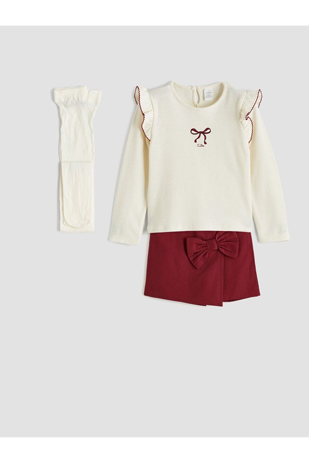 Ecru Bow Detail Girls' Blouse, Shorts, Skirt and Pantyhose
