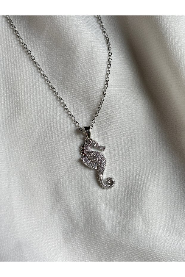 Stainless Steel Silver Zircon Stone Seahorse Necklace
