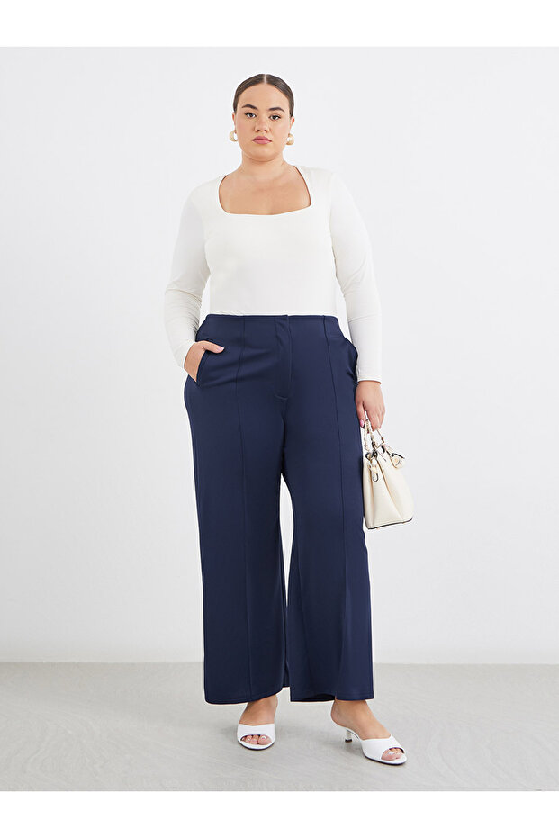 Plus Navy Blue Wide Leg Pants with Pintuck Detail