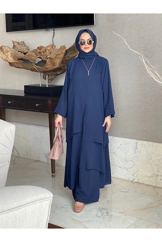 Asymmetrical Cut Piece Asel Suit-Navy Blue