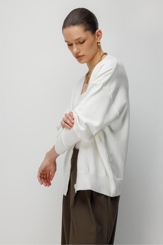 7023 Kadın Düğmeli Basic Premium Hırka Naturel - 5