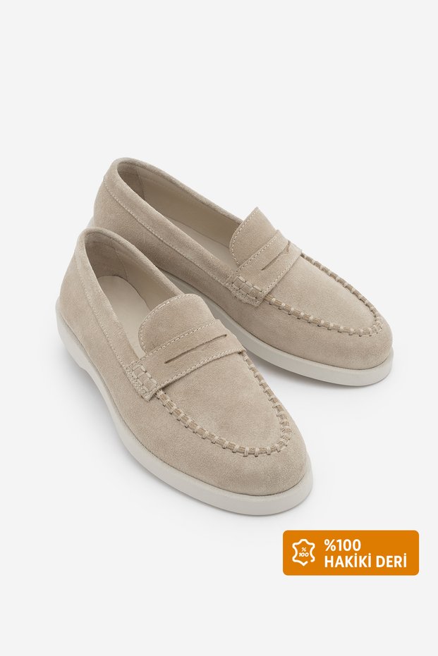 Women's Genuine Leather Lace Detail Penny Loafer Daily Shoe Ginar Beige Suede