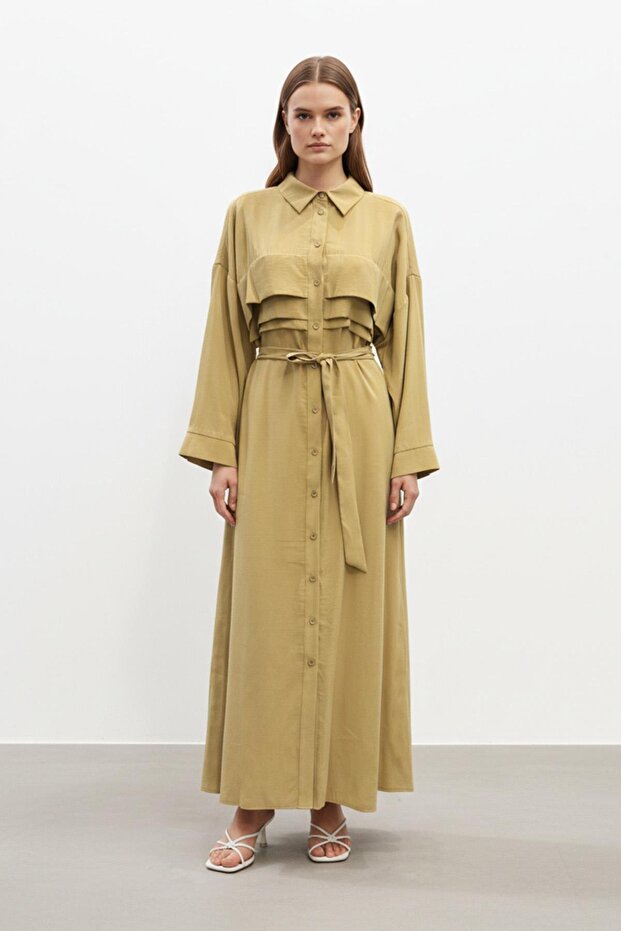 Belted Buttoned Long Women's Dress Olive 12668