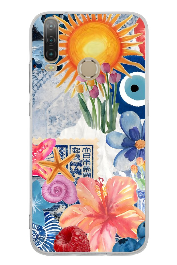 General Mobile Gm 10 Compatible Transparent Phone Case with Sun Flowers and Evil Eye Pattern