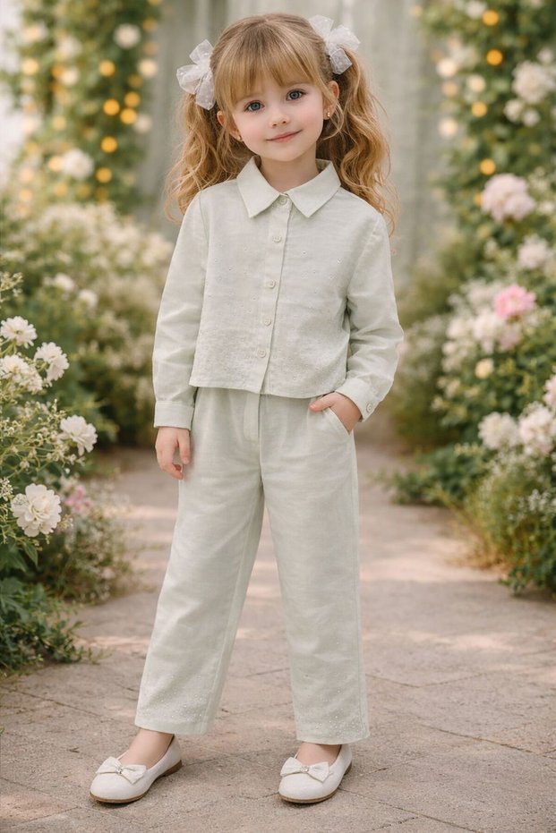 4-8 Years Old Girls' Mint Green Stone Detailed Jacket and Wide-Legged Trousers Set