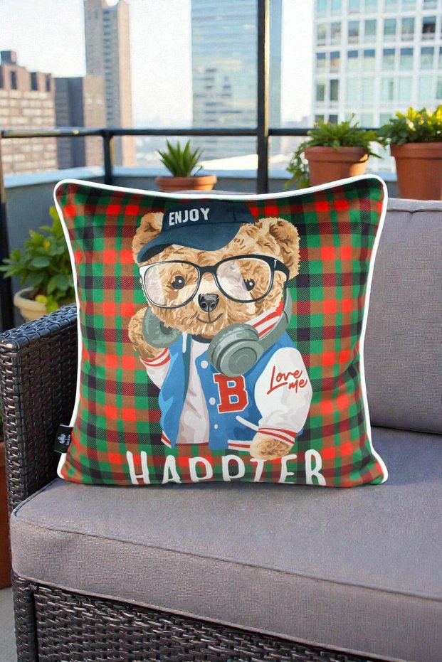 Cushion Cover 45X45 cm Teddy Bear Patterned – Babyface Fabric with White Piping and Hidden Zipper