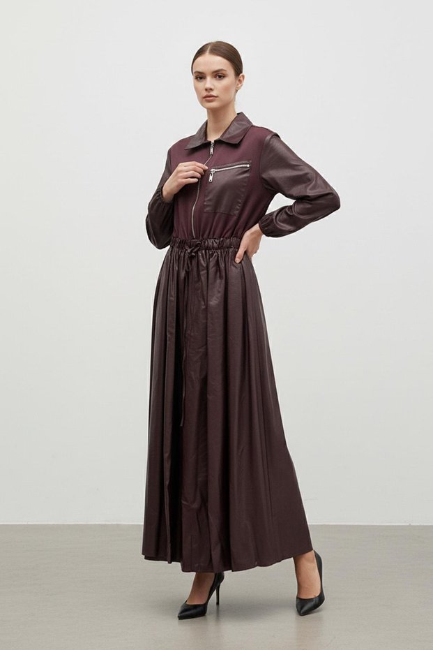 Zippered Leather Look Long Dress Bordo 12663