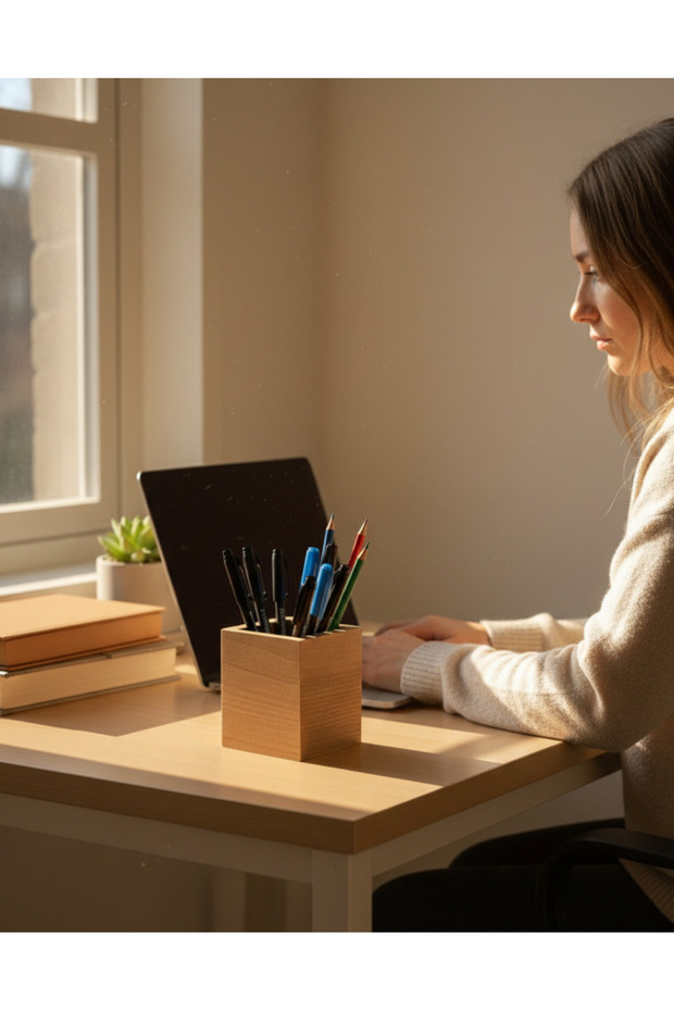 Wooden Desktop Square Pen Holder Brown