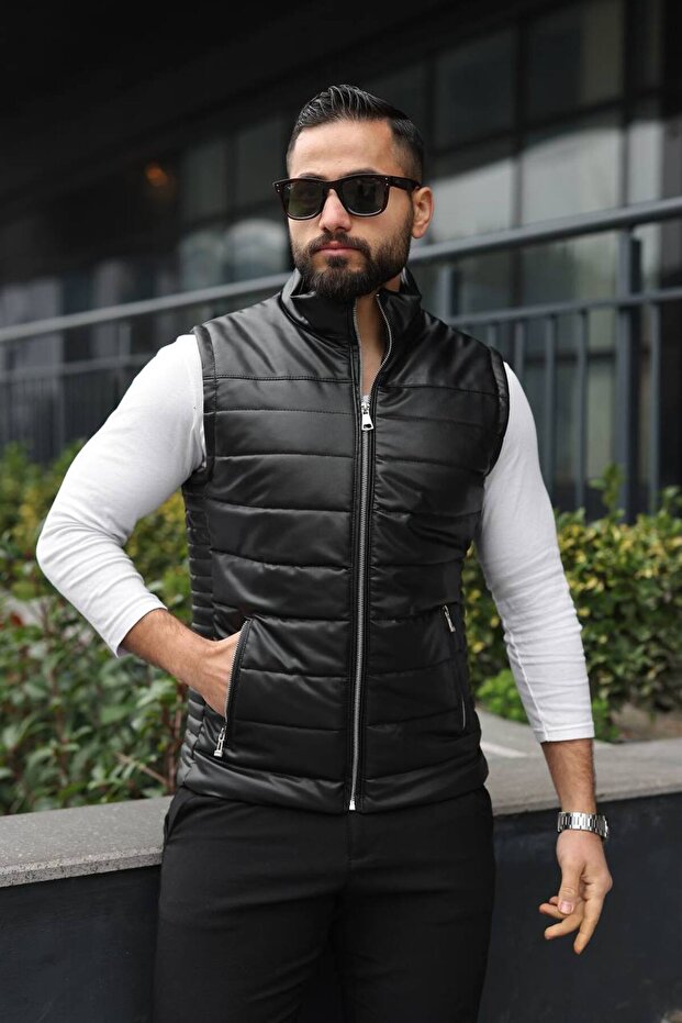 Basic Slim Fit Deri Yelek - 4
