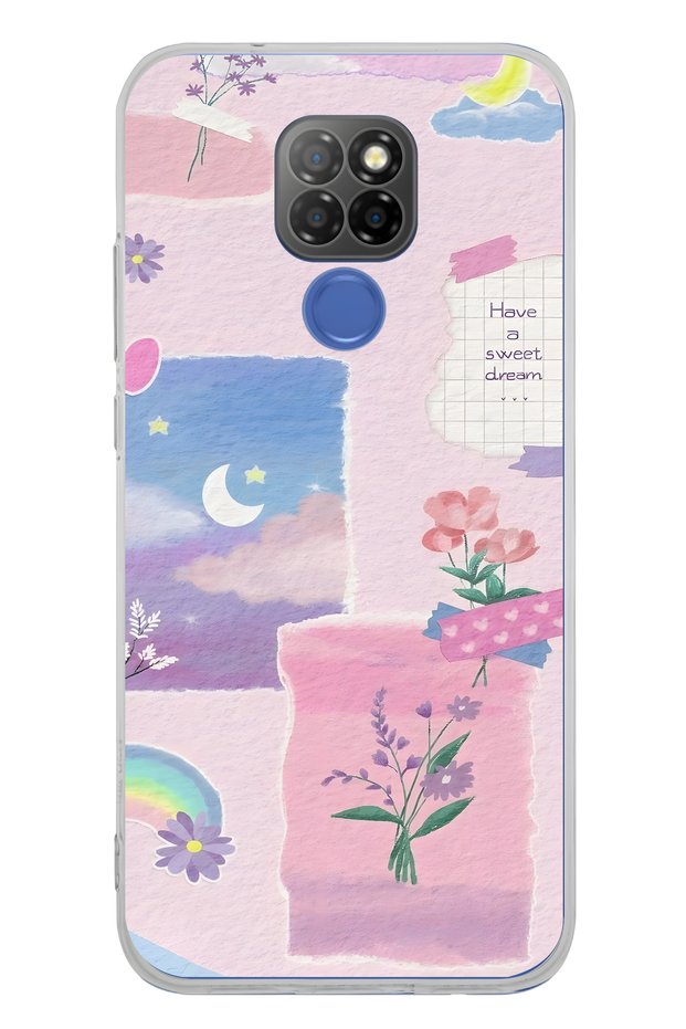 General Mobile Gm 20 Compatible Pastel Floral Moon and Rainbow Pattern Transparent Phone Case