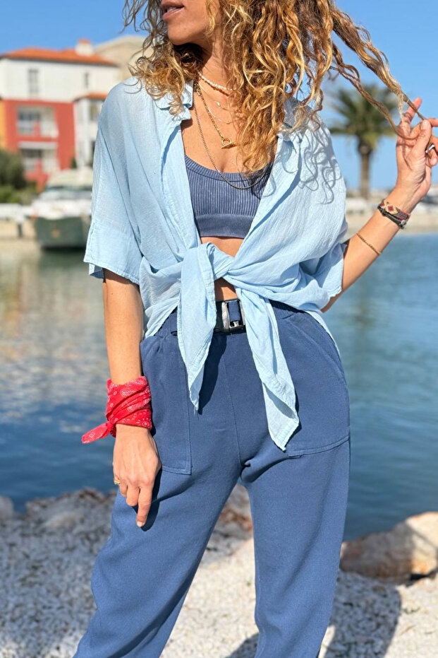 Baby Blue Tie-Dye Cotton Long Back Crop Woven Blouse 70 45