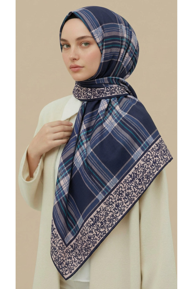 Plaid Patterned Rayon Scarf - Dark Blue