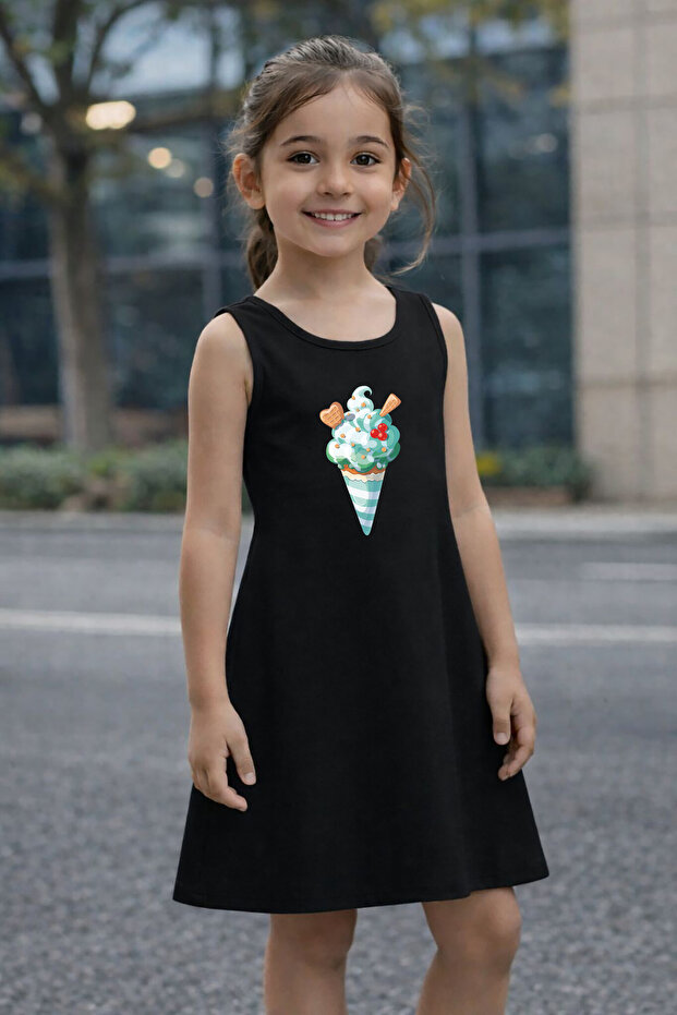 Girls' Summer Dress with Ice Cream Print