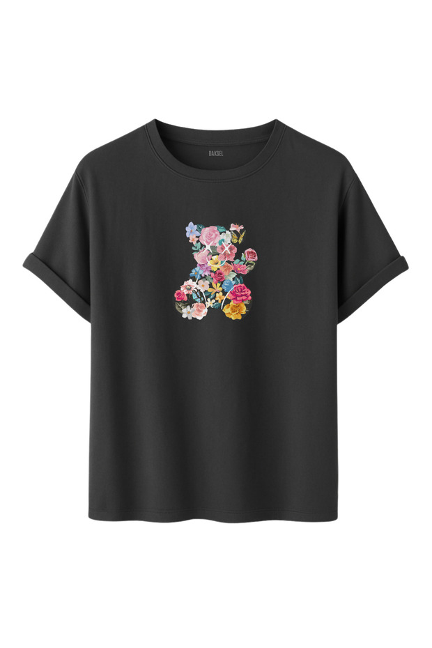 Women's Colorful Floral Teddy Bear Printed Basic Cut 100% Cotton T-Shirt