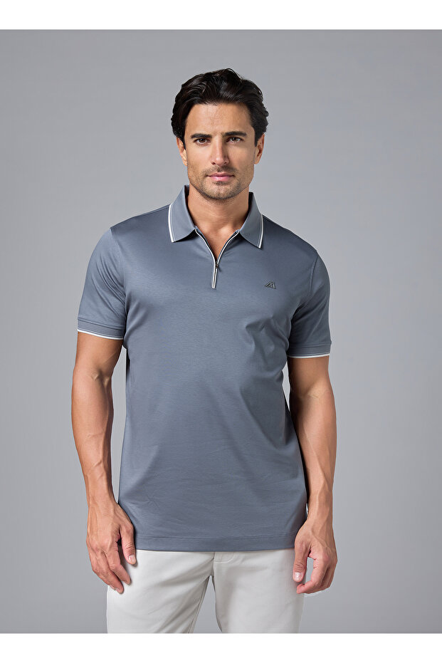 The Anchorage Grey Cotton Zip Polo Comfort Fit