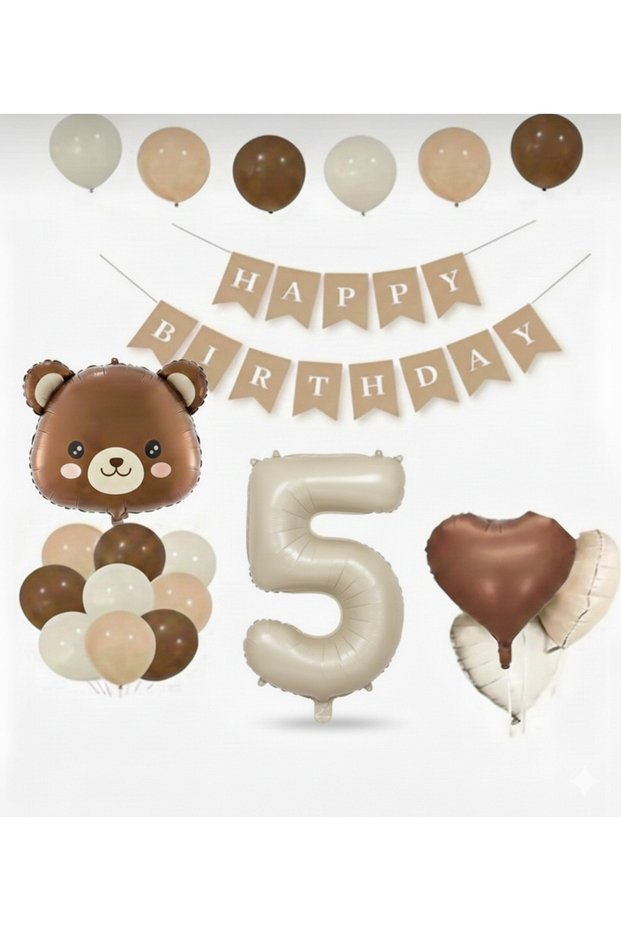 Kraft Happy Birthday Brown Bear Balloon Set with Number and Heart Balloons 16 Pieces