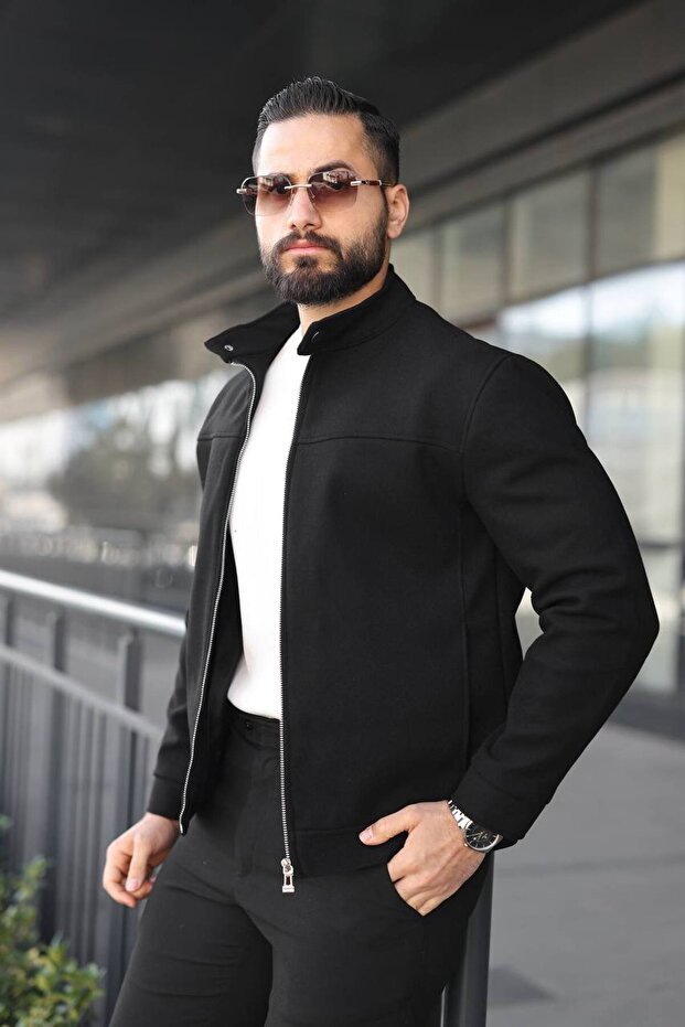 Basic Yakası Çıtçıtlı Kaşe Ceket - 1