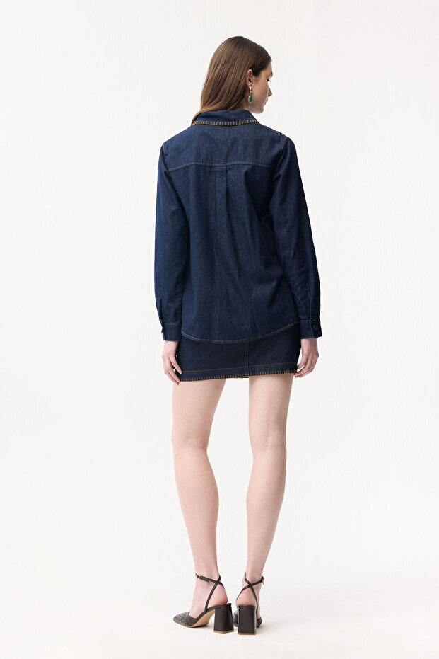 Dikiş Detaylı Denim Gömlek - 7