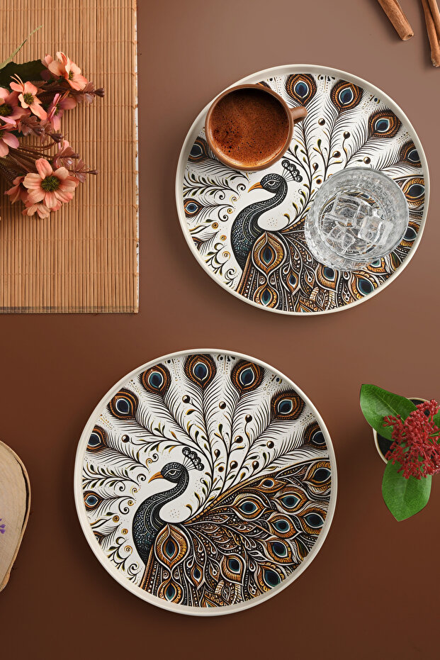 2-Piece Golden Peacock Tray 22 cm Brown-White