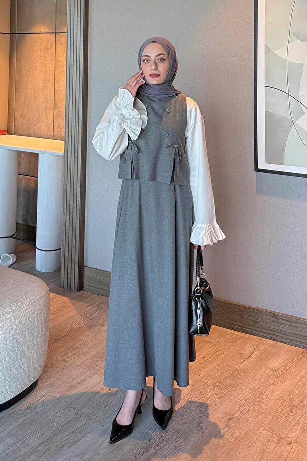 بدلة صدرية بأزرار باللون الرمادي - 1