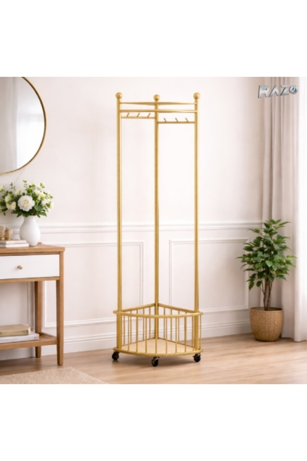 RAZO corner coat rack with wheels, Metal, Multifunctional clothes rack, 40x40x160 cm, Gold - 6