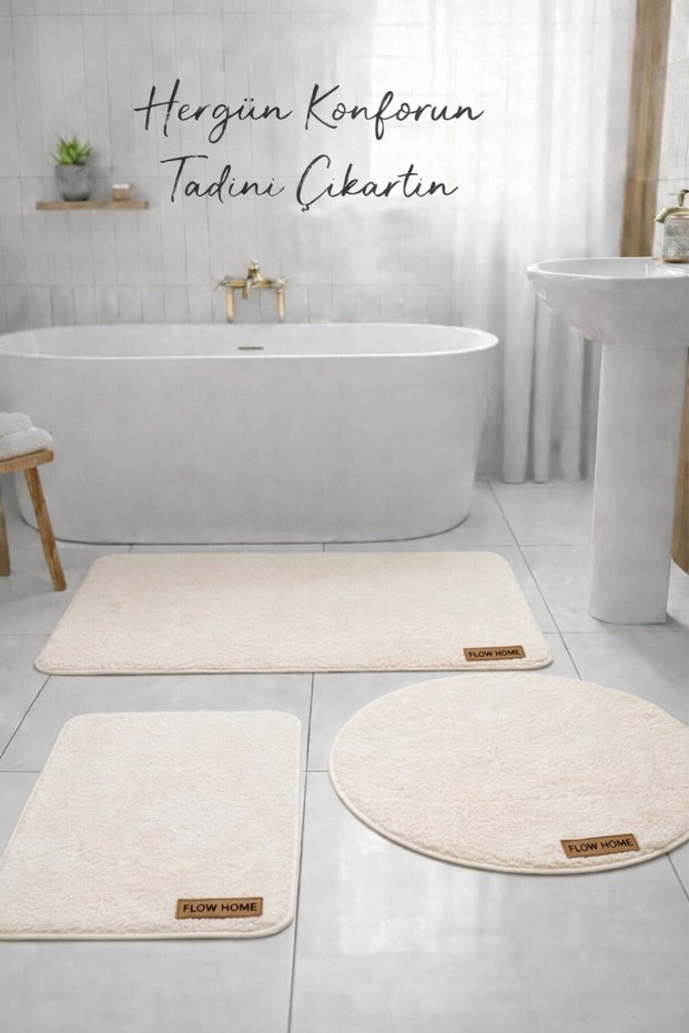 3-Piece Plush Bath Mat with Non-Slip Base, Washable, Luxurious, Soft Toilet Seat Set, Cream Water-Absorbing Carpet