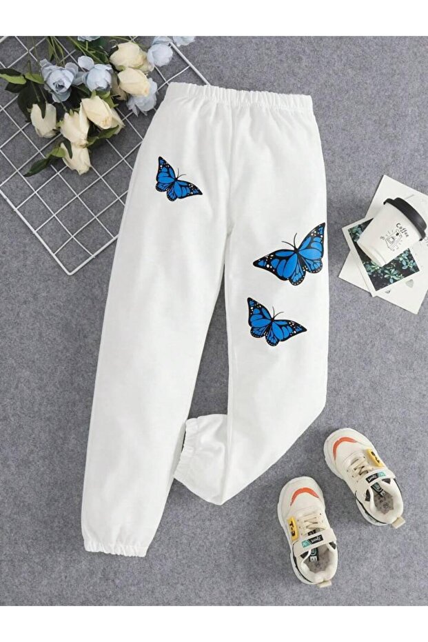 Girl's White Butterfly Printed Sweatpants