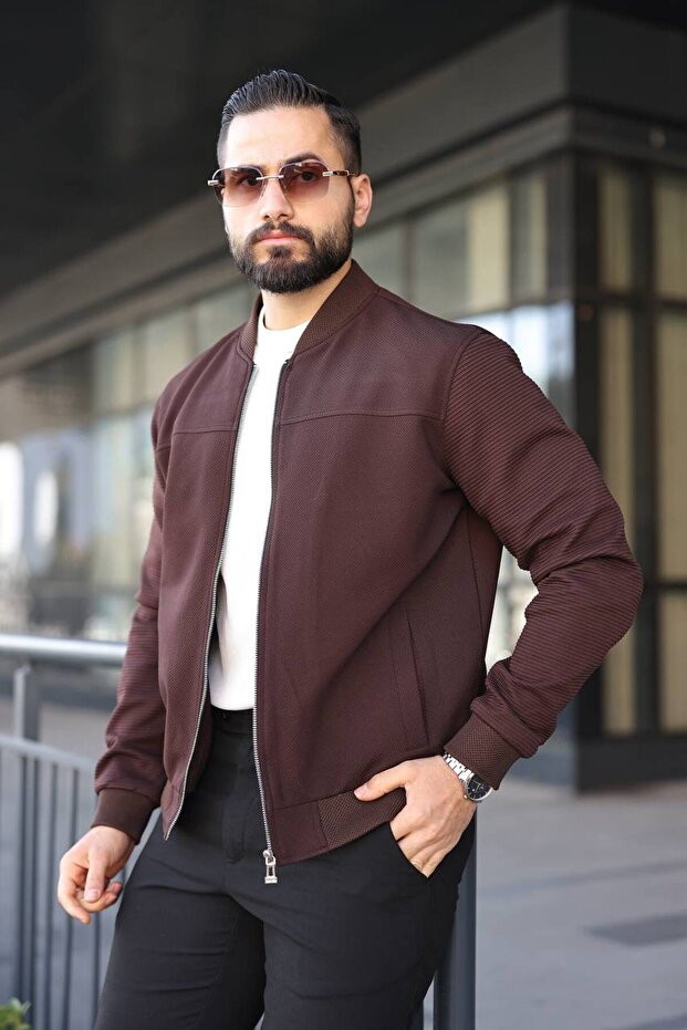 Bomber Knitwear Textured College Jacket with Sleeve Detail