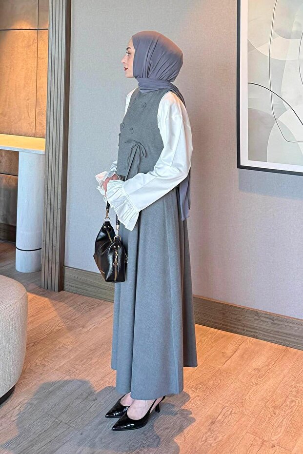 بدلة صدرية بأزرار باللون الرمادي - 2