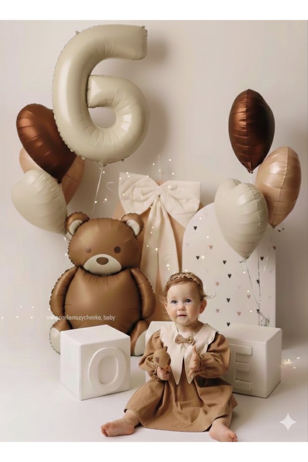 Beige Cream Number Age Foil Balloon Bear Foil Balloon Coffee Heart Foil Balloon Set 8 Pieces